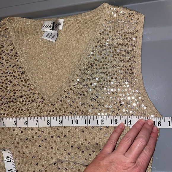 Once again women’s sweater top Large sleeveless sequin vneck knit gold silver - Picture 5 of 7
